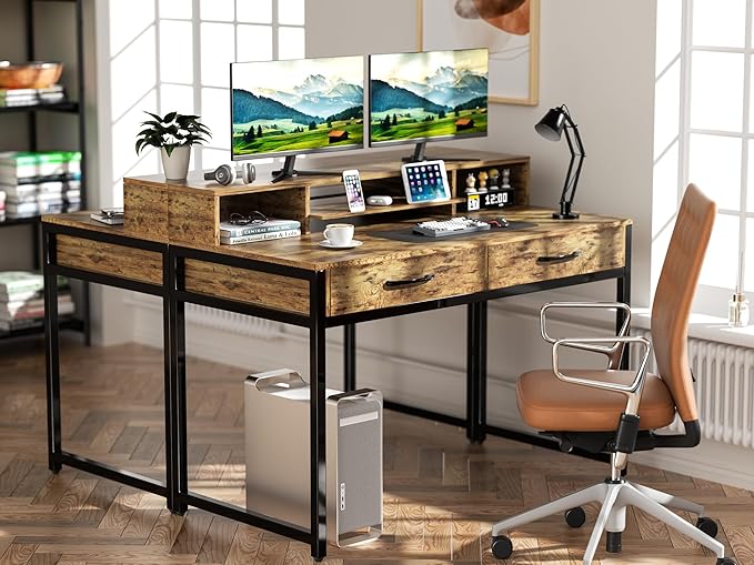 Computer Desk with Drawers, 47" Home Office Desk with Monitor Shelf, Writing Desk with Storage, Gaming Desk Work Desk Study Desk for Bedroom, Rustic Brown - LeafyLoom