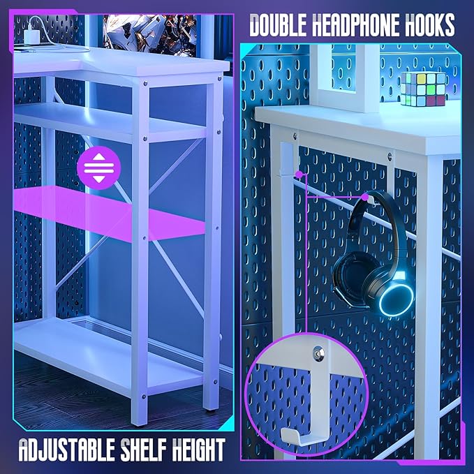 Homieasy L Shaped Gaming Desk with Power Outlet & LED Light, 55 Inch Computer Desk with Storage Shelves, Reversible Corner Desk with Monitor Stand Headset Hooks for Home Office, White - LeafyLoom