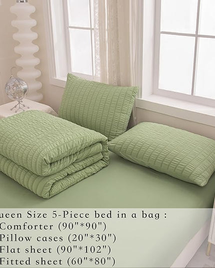 5 Pcs Sage Green Comforter Sets Queen Size for Girls Women Kids, Boho Light Green Bedding Set Queen Size,Soft Lightweight Microfiber Bed Set for All Season - LeafyLoom