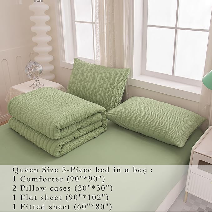 5 Pcs Sage Green Comforter Sets Queen Size for Girls Women Kids, Boho Light Green Bedding Set Queen Size,Soft Lightweight Microfiber Bed Set for All Season - LeafyLoom