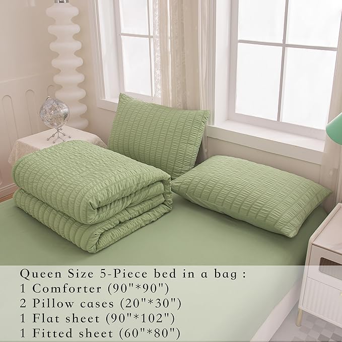 5 Pcs Sage Green Comforter Sets Queen Size for Girls Women Kids, Boho Light Green Bedding Set Queen Size,Soft Lightweight Microfiber Bed Set for All Season - LeafyLoom