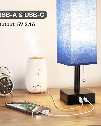Blue Small Table Lamp for Bedroom - 3 Color Temperature 3000K 5000K 4000K Bedside Lamp, Pull Chain Control, USB A and C Charging Ports, Black Base, for Kids Office Dorm nightstand, Bulb Included - LeafyLoom
