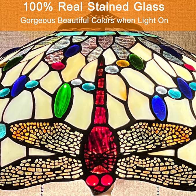 Capulina Tiffany Floor Lamp Cream Dragonfly Antique Style Stained Glass Standing Reading Floor Light 16X16X63 Inches Decor for Living Room Bedroom Home Office - LeafyLoom