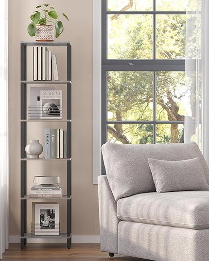 TUTOTAK Bookshelf, 6-Tier Tall Book Shelf, Narrow Bookcase for Small Space, DIY Stackable Bookshelf, for Living Room, Office, Study, Entryway, Industrial, Greige and Black BS01BG006 - LeafyLoom