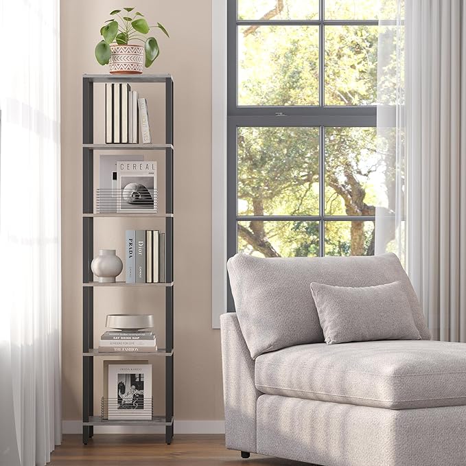 TUTOTAK Bookshelf, 6-Tier Tall Book Shelf, Narrow Bookcase for Small Space, DIY Stackable Bookshelf, for Living Room, Office, Study, Entryway, Industrial, Greige and Black BS01BG006 - LeafyLoom