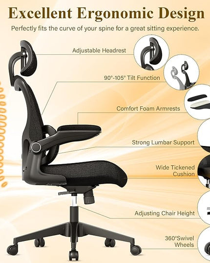 Ergonomic Mesh Office Chair, High Back Desk Chair with Adjustable Lumbar Support, Flip-Up Armrests, Headrest, Swivel Rolling Wheel, Comfy Computer Gaming Task Chairs for Adults Students (Black) - LeafyLoom
