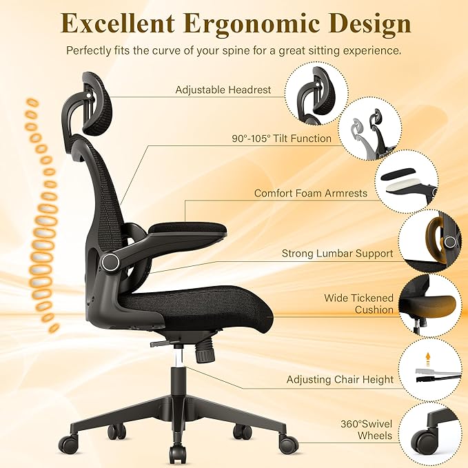 Ergonomic Mesh Office Chair, High Back Desk Chair with Adjustable Lumbar Support, Flip-Up Armrests, Headrest, Swivel Rolling Wheel, Comfy Computer Gaming Task Chairs for Adults Students (Black) - LeafyLoom
