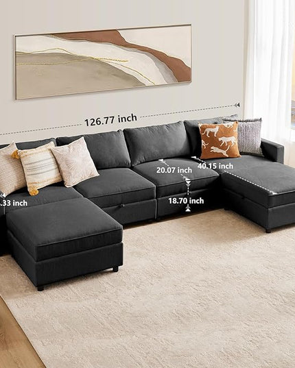 Sweetcrispy Convertible Sectional Sofa Couch, 6 Seat 6 Back Sofa Set with Storage for Living Room, U-Shaped Modern Modular Sofa Sleeper with Ottoman, Comfy Sofa Couch with Extra Deep Seats, Grey - LeafyLoom