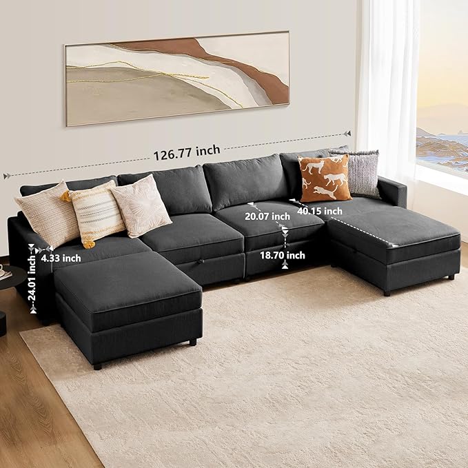 Sweetcrispy Convertible Sectional Sofa Couch, 6 Seat 6 Back Sofa Set with Storage for Living Room, U-Shaped Modern Modular Sofa Sleeper with Ottoman, Comfy Sofa Couch with Extra Deep Seats, Grey - LeafyLoom