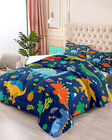 Cute Cartoon Dinosaur Bedding Set, Ultra Soft Full Size Comforter Set for Boys, Lovely Dinosaur Printed Comforter for Kids Teens, Dark Blue Microfiber Quilt for All Season 3Pcs with Pillowcases - LeafyLoom