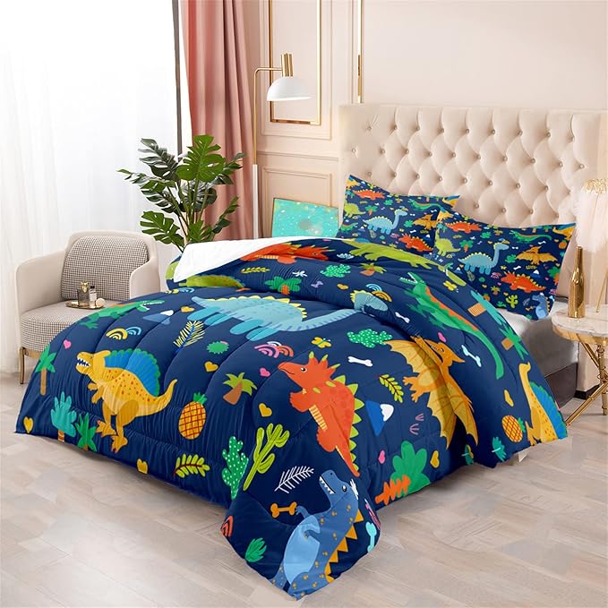 Dinosaur Comforter Set for Boys, Cartoon Dinosaur Bedding Set Queen Size, Cute Blue Pattern Dinosaur Comforter Set for Kids Teens Soft Breathable All Season Quilt 3Pcs with 2 Pillowcases - LeafyLoom