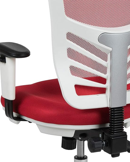 Flash Furniture Nicholas Mid-Back Red Mesh Multifunction Executive Swivel Ergonomic Office Chair with Adjustable Arms and White Frame - LeafyLoom