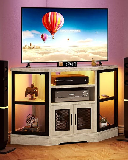 YITAHOME RGB LED Corner TV Stand for TVs up to 55/50 Inch with Power Outlet, Modern Farmhouse Entertainment Center, Wood TV Media Console with Storage Shelves for Living Room, White Oak - LeafyLoom
