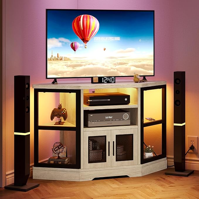 YITAHOME RGB LED Corner TV Stand for TVs up to 55/50 Inch with Power Outlet, Modern Farmhouse Entertainment Center, Wood TV Media Console with Storage Shelves for Living Room, White Oak - LeafyLoom