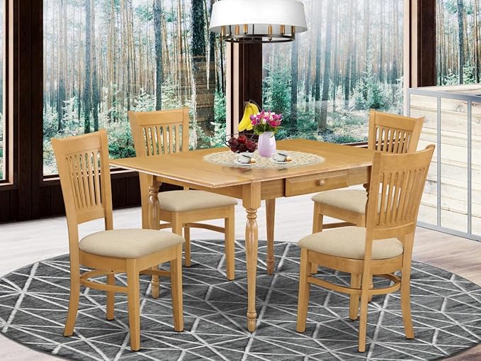 East West Furniture MZVA5-OAK-C Monza 5 Piece Kitchen Set Includes a Rectangle Dining Room Table with Dropleaf and 4 Linen Fabric Upholstered Chairs, 36x54 Inch - LeafyLoom