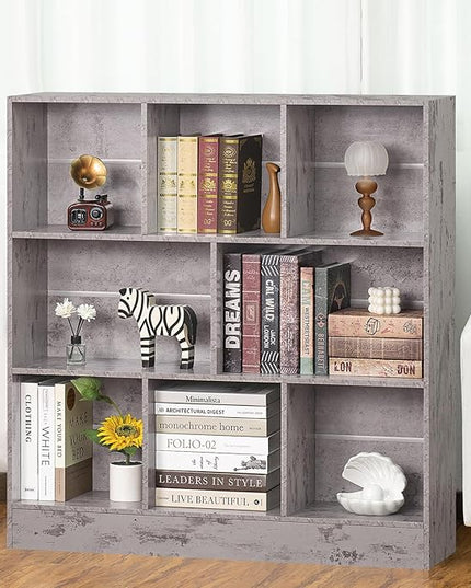 LEYAOYAO 8 Cube Bookshelf with Base,3 Tier Mid-Century Modern Grey Bookcase,Standing Wide Bookshelves Storage Organizer Shelf,Rustic Wood Display Cabinet Book Shelves for Bedroom,Living Room,Office - LeafyLoom