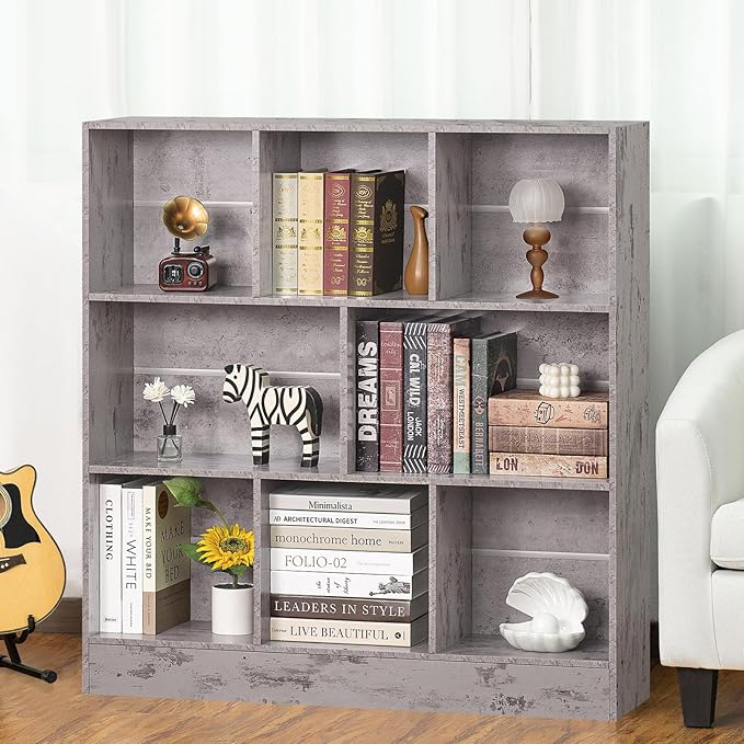 LEYAOYAO 8 Cube Bookshelf with Base,3 Tier Mid-Century Modern Grey Bookcase,Standing Wide Bookshelves Storage Organizer Shelf,Rustic Wood Display Cabinet Book Shelves for Bedroom,Living Room,Office - LeafyLoom