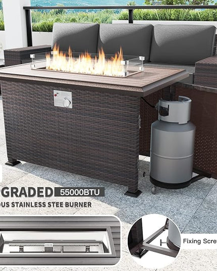 Kullavik 13 Pieces Outdoor Patio Furniture Set with 43" 55000BTU Gas Propane Fire Pit Table PE Wicker Rattan Sectional Sofa Patio Conversation Sets,Grey - LeafyLoom