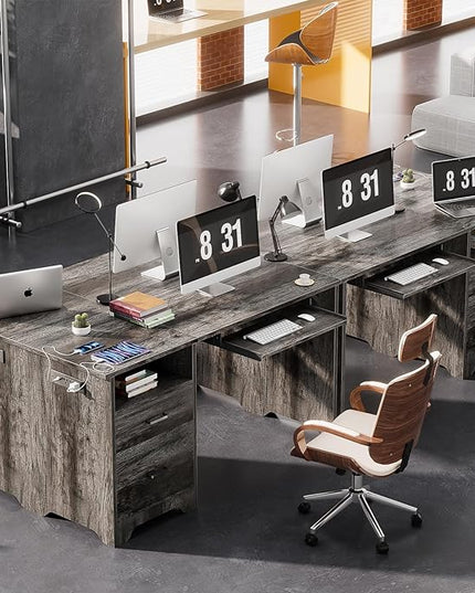 55 Inch Computer Desk with Smart LED Light and Power Outlet, Reversible Office Desk with File Cabinet, Modern Sturdy Writing Table Gaming Desk with Drawers and Keyboard Tray, Black Oak - LeafyLoom