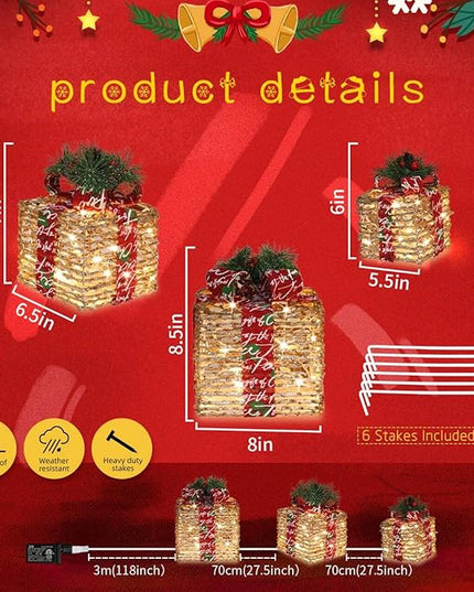 [Large 10"x8.5"x7" Christmas Set of 3 Lighted Rattan Gift Boxes Decorations Pre-lit 70 Super-Bright LED with Flashers,for Indoor Outdoor Pathway Holiday Party Home(Warm White) GLOWNOVA