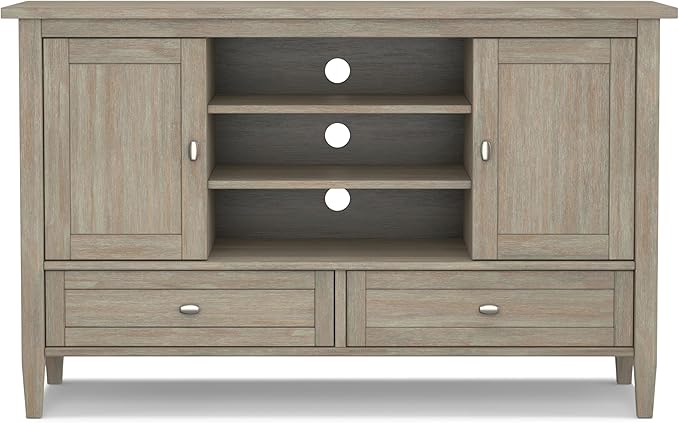 SIMPLIHOME Warm Shaker SOLID WOOD Universal TV Media Stand, 47 inch Wide, Transitional, Living Room Entertainment Center, Storage Cabinet, for Flat Screen TVs up to 55 inches in Distressed Grey - LeafyLoom
