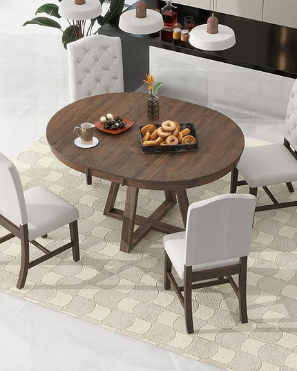 NicBex Small Dining Table Set for 4 Breakfast Nook Table Set 5-Piece Retro Functional Dining Set, Round Table with a 16" W Leaf and 4 Upholstered Chairs for Dining Room, Walnut - LeafyLoom