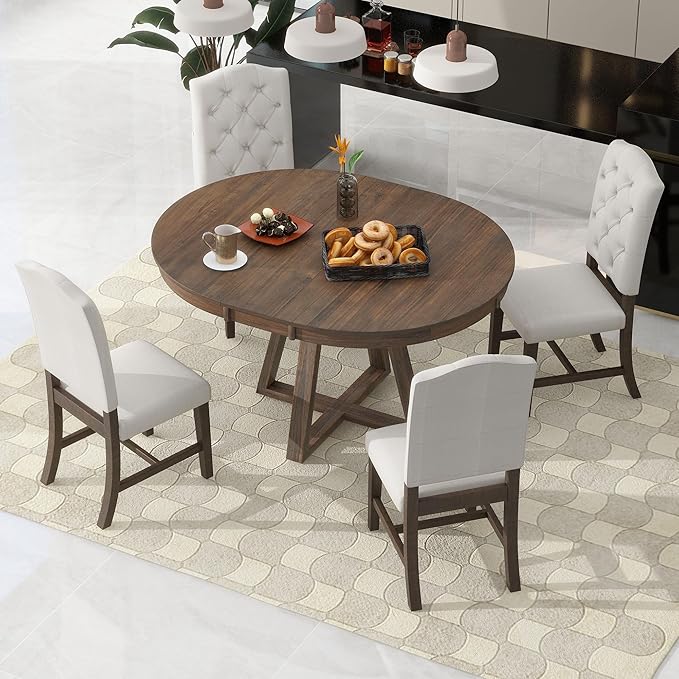 NicBex Small Dining Table Set for 4 Breakfast Nook Table Set 5-Piece Retro Functional Dining Set, Round Table with a 16" W Leaf and 4 Upholstered Chairs for Dining Room, Walnut - LeafyLoom
