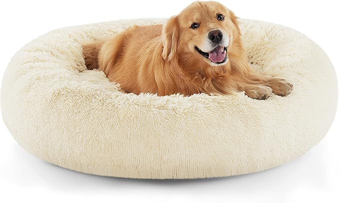Bedsure Calming Dog Bed for Extra Large Dogs - Donut Washable Large Pet Bed, Anti-Slip Round Fluffy Plush Faux Fur Dog Bed, Fits up to 125 lbs Pets, Oat Milk, 45 inches BEDSURE