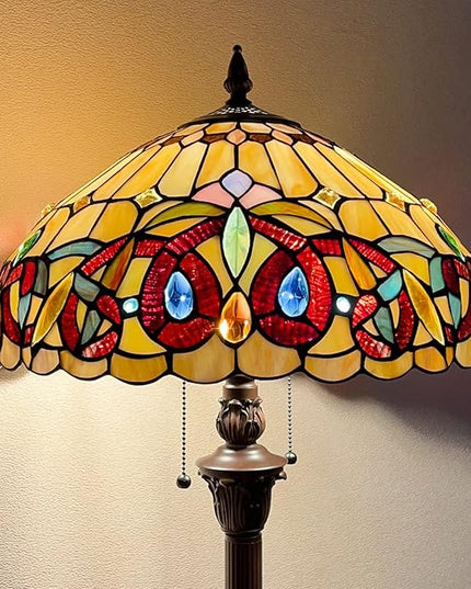 Capulina Tiffany Floor Lamp 2-Light 16x16x63 Inches Antique Victorian Cream Brown Style Stained Glass Industrial Dark Bronze Pole Standing Reading Light for Living Room Bedroom Home Office - LeafyLoom