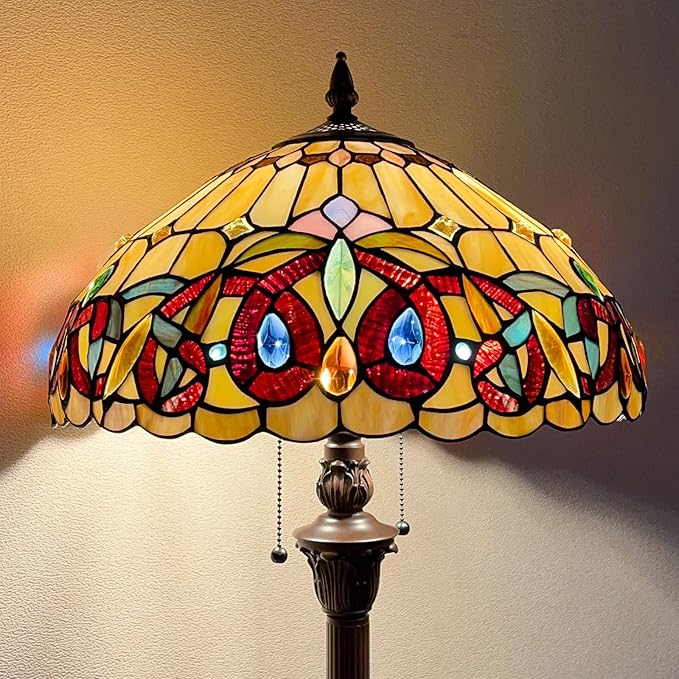 Capulina Tiffany Floor Lamp 2-Light 16x16x63 Inches Antique Victorian Cream Brown Style Stained Glass Industrial Dark Bronze Pole Standing Reading Light for Living Room Bedroom Home Office - LeafyLoom