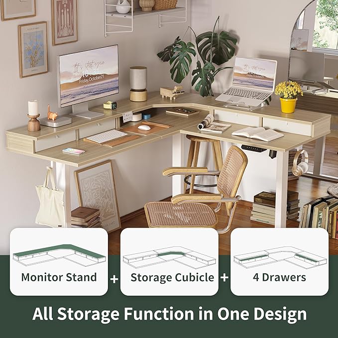 FEZIBO 63" L Shaped Standing Desk with 4 Drawers, Electric Standing Gaming Desk Adjustable Height, Corner Stand up Desk with Splice Board, White Frame/Light Walnut Top - LeafyLoom