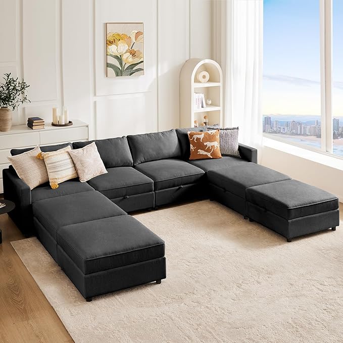 Sweetcrispy Convertible Sectional Sofa Couch, 8 Seat Sofa Set with Storage for Living Room, U-Shaped Modern Modular Sofa Sleeper with Reversible Chaise, Oversized Modular Sectional Sofa, Grey - LeafyLoom