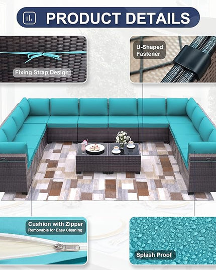 Patio Furniture Set 14-Pieces Outdoor Furniture for Backyard Wicker Sectional Sofa Set, Rattan Patio Conversation Set with Thickened Cushions and Glass Coffee Table, Blue - LeafyLoom