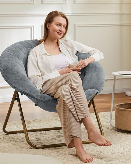 Sweetcrispy Comfy Saucer Chairs, Faux Fur Lounge Chair for Bedroom Living Room Flexible Folding Seat for Kids Teens Adults, Soft Padded and Metal Frame Modern for Home Office, X-Large, Dark Grey - LeafyLoom