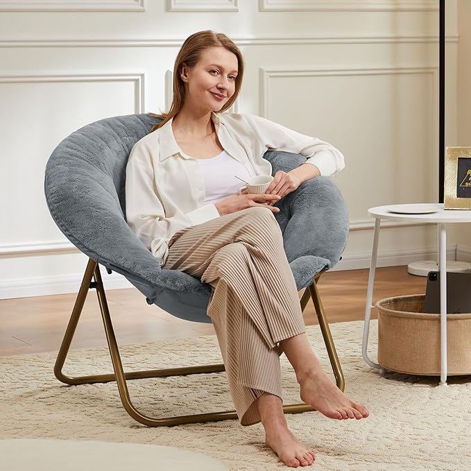 Sweetcrispy Comfy Saucer Chairs, Faux Fur Lounge Chair for Bedroom Living Room Flexible Folding Seat for Kids Teens Adults, Soft Padded and Metal Frame Modern for Home Office, X-Large, Dark Grey - LeafyLoom