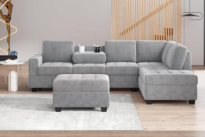 112" Modern L-Shape Sectional Sofa with Reversible Chaise &Storage Ottoman, Velvet Upholstered Couch w/Cup Holder, for Living Room, Apartment, 112 Inch, Dark Gray - LeafyLoom