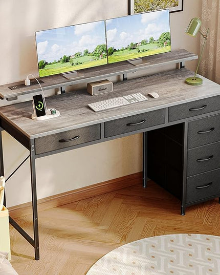 Gaming Desk with 6 Drawers, Computer Desk with LED Lights Power Outlets and Type-C, 47 Inch Office Desk with Storage, Monitor Stand, Writing Desk Work Desk for Home Office, Bedroom, Study, Grey - LeafyLoom