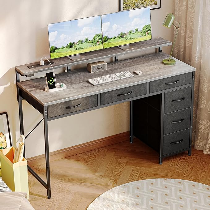 Gaming Desk with 6 Drawers, Computer Desk with LED Lights Power Outlets and Type-C, 47 Inch Office Desk with Storage, Monitor Stand, Writing Desk Work Desk for Home Office, Bedroom, Study, Grey - LeafyLoom