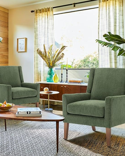 COLAMY Modern Wingback Living Room Chair, Upholstered Fabric Accent Armchair, Single Sofa chair with Lounge Seat and Wood Legs for Bedroom/Office/Reading Spaces, Green - LeafyLoom
