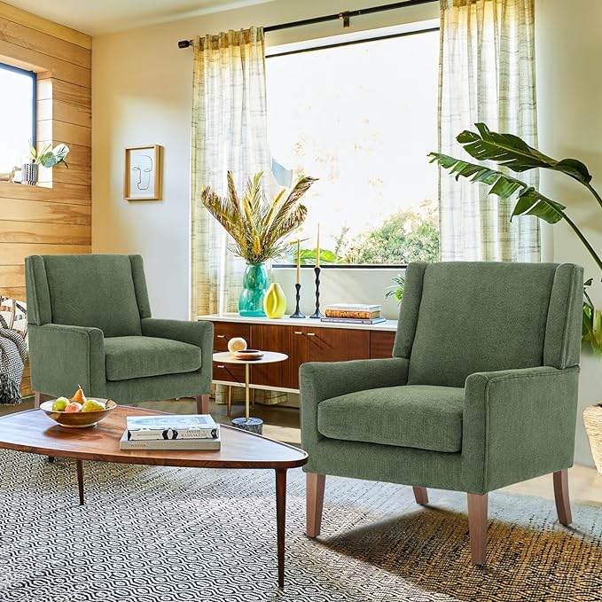 COLAMY Modern Wingback Living Room Chair, Upholstered Fabric Accent Armchair, Single Sofa chair with Lounge Seat and Wood Legs for Bedroom/Office/Reading Spaces, Green - LeafyLoom