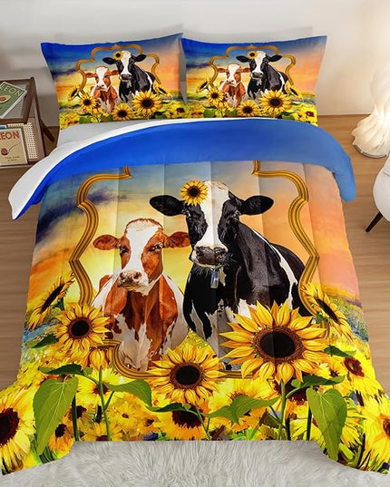 HOSIMA Animal Theme Bedding Set Bull and Cow Comforter with 2 Pillowcases,Sunflower Twin Bed in a Bag Sets for Adults Teens Kids,Brown Cowhide Black White Cow Print Western Bedding Sets. - LeafyLoom