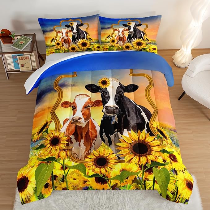 HOSIMA Animal Theme Bedding Set Bull and Cow Comforter with 2 Pillowcases,Sunflower Comforter Set for Adults Teens Kids,Brown Cowhide Black White Cow Print Western Bedding Sets Queen. - LeafyLoom