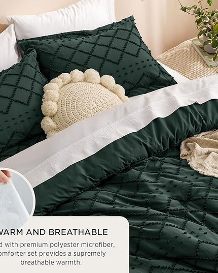 Bedsure California King Comforter Set - Forest Green Comforter, Boho Tufted Shabby Chic Bedding Comforter Set, 3 Pieces Farmhouse Bed Set for All Seasons, Fluffy Bedding Set with 2 Pillow Shams - LeafyLoom