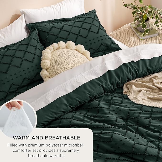 Bedsure California King Comforter Set - Forest Green Comforter, Boho Tufted Shabby Chic Bedding Comforter Set, 3 Pieces Farmhouse Bed Set for All Seasons, Fluffy Bedding Set with 2 Pillow Shams - LeafyLoom