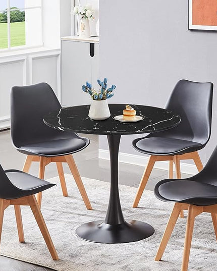 Round Dining Table Black Faux Marble Kitchen Dining Table 31.5" Modern Mid-Century Leisure Tulip Table with Pedestal Base for Dining Room 2 to 4 Person - LeafyLoom