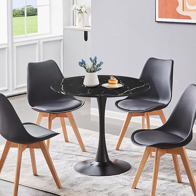 Round Dining Table Black Faux Marble Kitchen Dining Table 31.5" Modern Mid-Century Leisure Tulip Table with Pedestal Base for Dining Room 2 to 4 Person - LeafyLoom