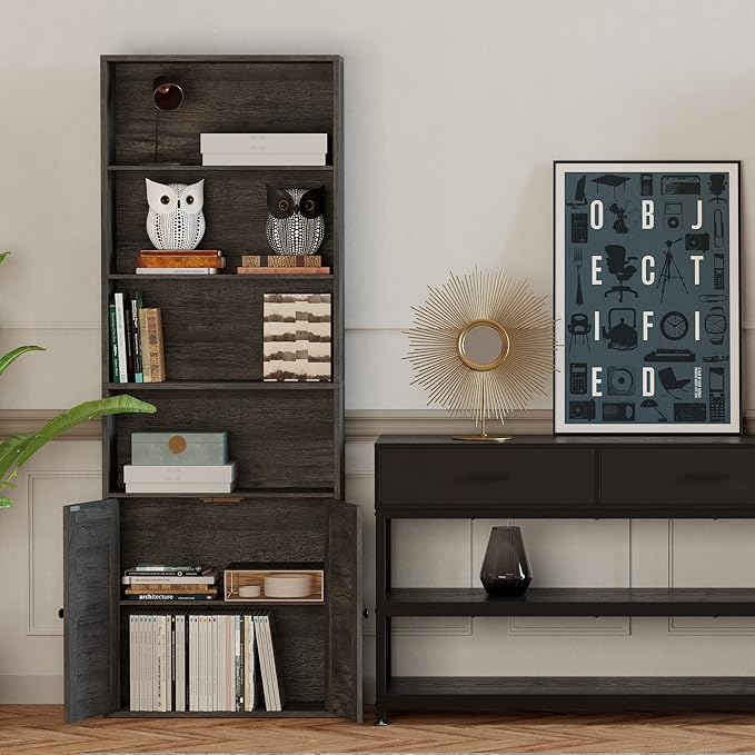 IRONCK Industrial Bookshelves and Bookcases with Doors Floor Standing 6 Shelf Display Storage Shelves 70 in Tall Bookcase for Home Office, Living Room - LeafyLoom