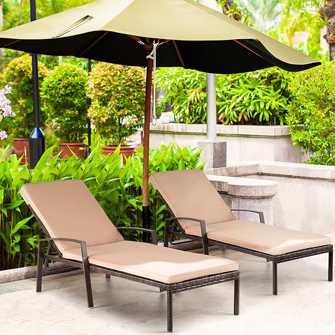 Pamapic 8512 Pieces, Chaise Thickened Cushion, PE Rattan Steel Frame Pool Lounge Chair Set for Patio Backyard Porch Garden Poolside, 2 PCS, Beige - LeafyLoom