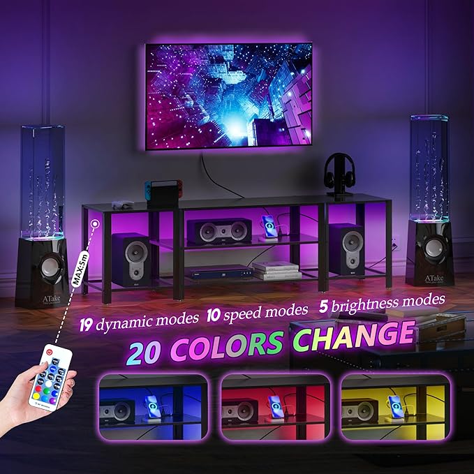 Industrial TV Stand with Power Outlet for 55/65/70/75 inch TVs, 3-Tier Entertainment Center, TV Console Table with Open Storage Shelves, Wood TV Stand for Living Room, Bedroom, Black - LeafyLoom