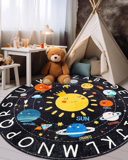 Round ABC Kids Rug,5.2 Ft Soft Circle Alphabet Playroom Rug,Washable Non-Slip Solar System Kids Play Rug,Space Educational Rug Kids Carpet for Classroom Playroom Bedroom Kids Room Decor - LeafyLoom